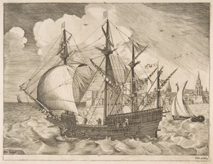 Yelkenli Gemilerden Denize Açılan Silahlı Dört Usta, ca. 1555-56. by Frans Huys