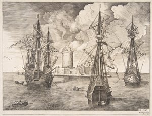 Dört Usta ve İki Üç Usta Yelkenli Gemiden Müstahkem Bir Adanın Yakınına Demirlemiş..., 1561-65. by Frans Huys