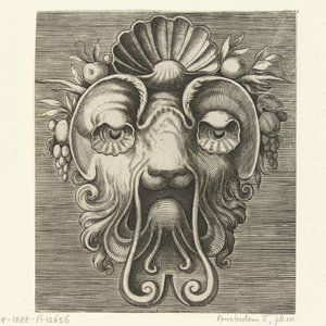 Kabuk şeklinde gözleri ve alında meyve kümeleri arasında bir kabuğu olan maske Pourtraicture ingenieuse de plusieurs facons de masques… (dizi başlığı) by Frans Huys