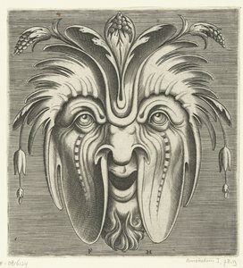 Saçında sarkık yanaklar ve çilek demetleri olan maske Pourtraicture ingenieuse de plusieurs facons de masques… (dizi başlığı) by Frans Huys