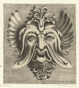 Sarkık yanaklar, iki sivri alt diş ve burun köküne dayanan bir tutam bukle ile maske Pourtraicture ingenieuse de plusieurs facons de masques… (dizi başlığı) by Frans Huys