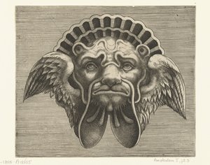 Kulak yerine kanatlı ve kabuk şeklinde bir başlık ile maske Pourtraicture ingenieuse de plusieurs facons de masques… (dizi adı) by Frans Huys