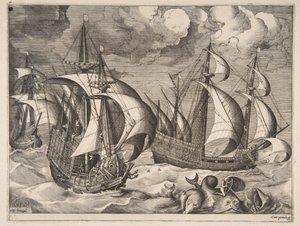 Yelkenli Gemilerden Bir Yunus Üzerinde Arion ile Yükselen Bir Fırtınada Üç Karavel, 1561-65. by Frans Huys