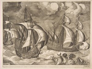 Yelkenli Gemilerden Bir Yunus Üzerinde Arion ile Yükselen Bir Fırtınada Üç Karavel, 1561-65. by Frans Huys