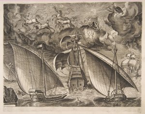 Gökyüzünde Phaeton ve Jüpiter ile Silahlı Üç Ustanın Arkasında Yelken Açan İki Kadırga, f..., 1561-65. by Frans Huys