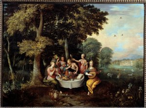 Beş duyu genç kadın, ziyafet (tat), müzik (duyma), ayna (görünüm), çiçek buketi (koku) ve okşama (dokunma) ile bir manzarada. Franz (Frans) tarafından yapılan resim Francken II le Jeune (1581-1642) (ec.flam.) 17. yüzyıl Güneşi. 0,65x0,9 m Toulouse, müze
