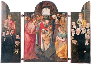 Üç Parçalı: Sol kanatta St. Jacob ve oğulları tarafından sunulan, diz çökmüş bir erkek donör ile orta bölmede Lazarus