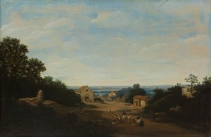 Igaraçú köyü ile Brezilya manzarası. Solda Sts Cosmas ve Damian kilisesi by Frans Post