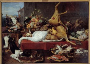 Geyik Oyunu (sülün, kaz, geyik), dilim balık, yengeç, baklagiller ile natürmort. Frans Snyders