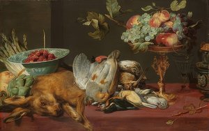 Küçük oyun ve meyve ile natürmort by Frans Snyders or Snijders