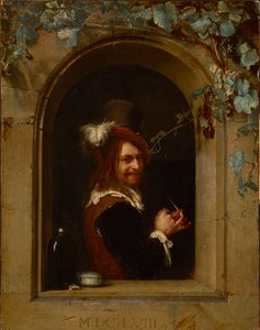 Pencerede pipolu adam - Pencerede pipolu adam, Mieris, Frans van Mieris de Oudere veya Elder (1635-1681). Ahşap üzeri yağlı boya, yaklaşık 1658. Ebat: 20x15.5 cm. Brukenthal Ulusal Müzesi, Sibiu by Frans van Mieris