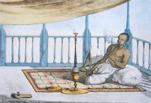 Nargile esrar veya afyon içen adam, "Hindular veya Geleneklerinin, Geleneklerinin ve Törenlerinin Açıklaması", pub. 1808-12 (renkli dağlama)