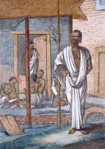 Dükkanında sarraf, katibinin işlemleri ve evcil bir papağan, 'Hindular veya Davranışlarının, Kostümlerinin ve Törenlerinin Açıklaması'ndan, c.1808-12 (renkli gravür) by Franz Balthazar Solvyns