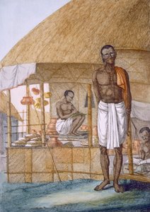 ಅಂಗಡಿಯವನು ಮಡಕೆಗಳು, ಬಾಳೆಹಣ್ಣುಗಳು ಮತ್ತು ಧಾನ್ಯಗಳನ್ನು ಮಾರಾಟ ಮಾಡುತ್ತಿದ್ದಾನೆ, 