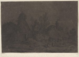 Bir kulübenin önünde figürlerin olduğu Mehtap sahnesi XII Vues de la Normandie (dizi adı)
