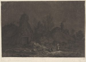 Bir kulübenin önünde figürlerin olduğu Mehtap sahnesi XII Vues de la Normandie (dizi adı)