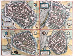 Arnhem ve Venlo, Hollanda - Geldern, Almanya ve Ruermonde, Hollanda (gravür by Franz Hogenberg