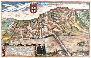 Coimbra, Portekiz Öğrenilmiş tartışmada ön planda görülen iki akademisyen, üniversiteye daha fazla görsel gönderme yapıyor (gravür by Franz Hogenberg