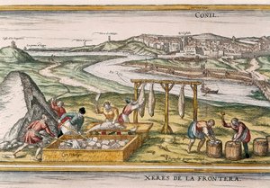 Conil de la Frontera, balıkçılar balığı kurutur, keser, satar ve "Civitatis Orbis Terrarum"dan satılık fıçılarda paketler. by Franz Hogenberg