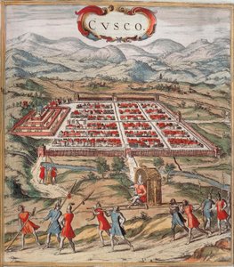 Cuzco, İnka uygarlığının ana merkezi (bugünkü Peru) Braun ve Hogenberg tarafından “Civitatis Orbis Terranum”dan görüntü by Franz Hogenberg
