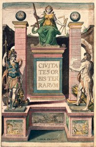 İlk cildin cephesi: coğrafya alegorisi, ellerinde comppa, kare ve rulle tutan bir kadın, bir kadın askerin ve çıplak bir adamın üzerinde budanan bir kadın (gravür by Franz Hogenberg
