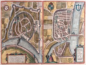 Grenoble ve Romans sur Ister, Fransa (gravür by Franz Hogenberg