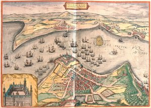 Helsingor, Danimarka - Helsingborg, İsveç (gravür by Franz Hogenberg