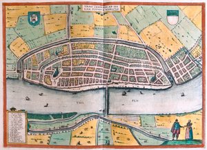 Kampen ve nehir IJssel veya Yssel, Hollanda (gravür by Franz Hogenberg