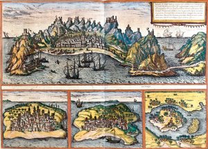 Aden (Yemen), Mombasa (Mombaza) (Kenya), Kilwa Kisiwani (Quiloa) (Tanzanya) ve Cefala Diana (Cefala) (Sicilya, İtalya) (gravür) manzaraları by Franz Hogenberg