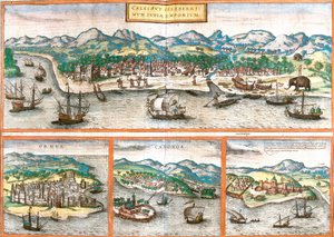 Kozhikode veya Calicut (Calichut) (Hindistan), Ormuz (Ormus) (İran), Cannanore veya Kannur (Canonor) (Hindistan) ve St. George madeninin (S. Georgii) veya Elmina (Gana) (gravür) manzaraları by Franz Hogenberg