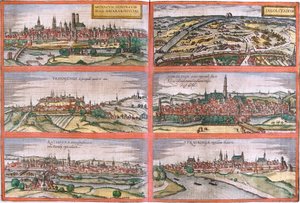 Münih (Monacum) Ingolstadt (Ingolstadium), Freising (Frisingensis), Nordlingen (Nordlinga), Regensburg (Ratispona) ve Straubing (Stravbinga), Almanya (gravür) manzaraları by Franz Hogenberg