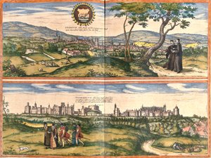 Oxford (Oxonium) ve Windsor (Vindesorium) manzaraları, İngiltere (gravür by Franz Hogenberg
