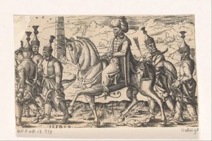Sultan askerler eşliğinde at sırtında by Franz Isaac Brun