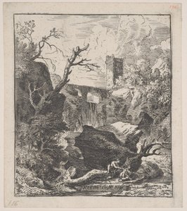 Levha 2: Ön planda bir derenin kıyısında bir ağaç gövdesi üzerinde oturan iki figür,..., yakl. 1700-25.