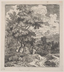 Levha 3: Bir tepede oturan bir çoban, solda bir inek ve iki koyun ve Ri..., ca. 1700-25.