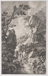 Levha 4: Sağda bir derenin kıyısında iki balıkçı, ortada bir şelale, ön..., yakl. 1700-25.