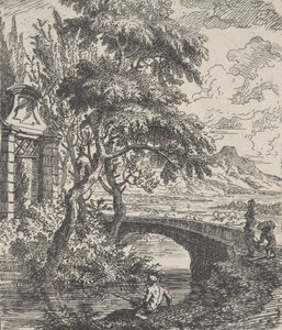 Levha 7: sağda iki figür bir taş köprüyü geçmek üzere, bir balıkçı..., yakl. 1700-25.