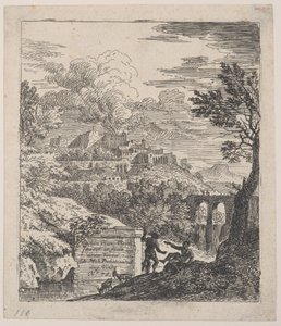 Bir kaidenin yanında oturan iki çoban, arka planda sağda bir su kemeri, bir..., yakl. 1700-25.