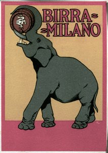 Franz Laskoff (1869-1921) tarafından gösterilen Milano birası için, hortumuyla doğrudan namludan su içen bir fili temsil eden reklam afişi. 20. yüzyıl