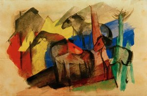 Evler ile manzara içinde üç at by Franz Marc