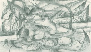 İlkel bir manzarada geyik ve arka by Franz Marc