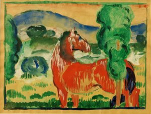 Renkli bir manzara içinde kırmızı at by Franz Marc