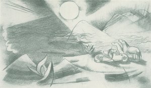 Güneş, dağlar, bir grup at ile bozulmamış manzara by Franz Marc
