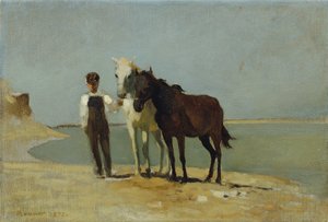 Sahilde atları olan bir çocuk by Franz Rumpler