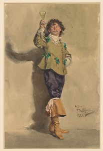 Louis XIII kıyafetli adam, tam boy ayakta, dörtte üçü sağda, bir kadeh şarap kaldırıyor