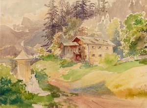 Bir türbenin önünde çiftlik evi ve kadın ile Alp manzara by Franz Steinfeld