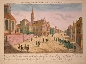 Vue de la Rue des Récollets de Quebec, yayınlanmış c.1770s (el renkli gravür)
