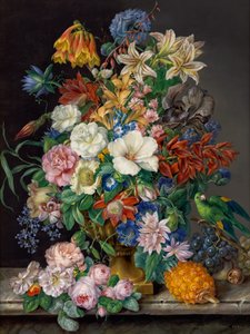 Ananas, üzüm ve papağan ile çiçek parçası by Franz Xaver Petter