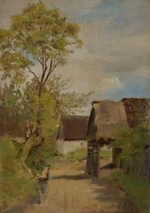 Aresing'deki (?) bir kadın figürlü köy sokağı by Franz von Lenbach