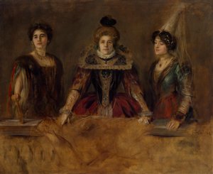 Grup portresi: kostümlü üç bayan (Bayan Heuberger, Bayan Obermayer ve Bayan Putz) by Franz von Lenbach